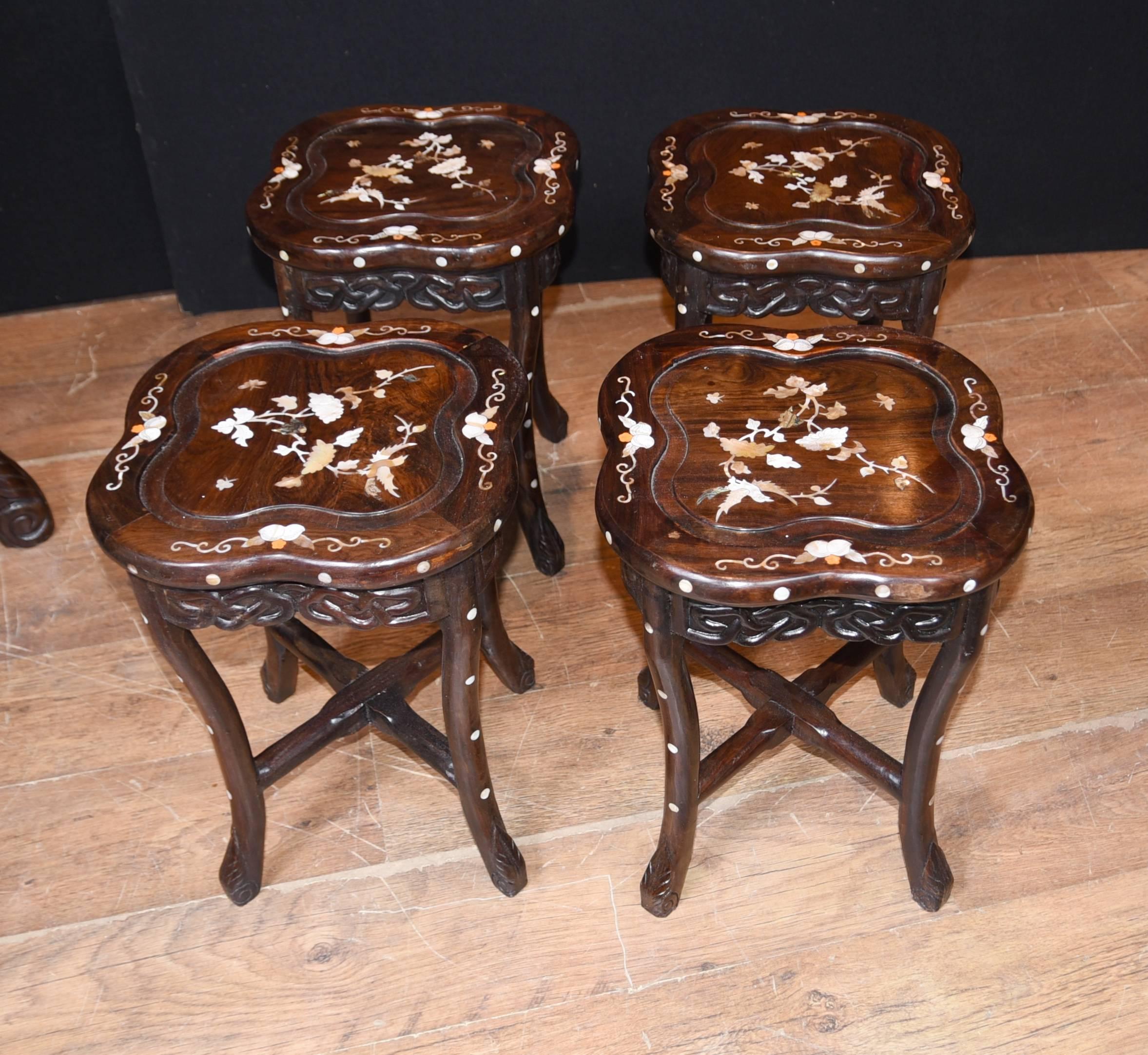 Antique Chinese Table Stool Dining Set Mother-of-Pearl Inlay Hardwood For Sale 3