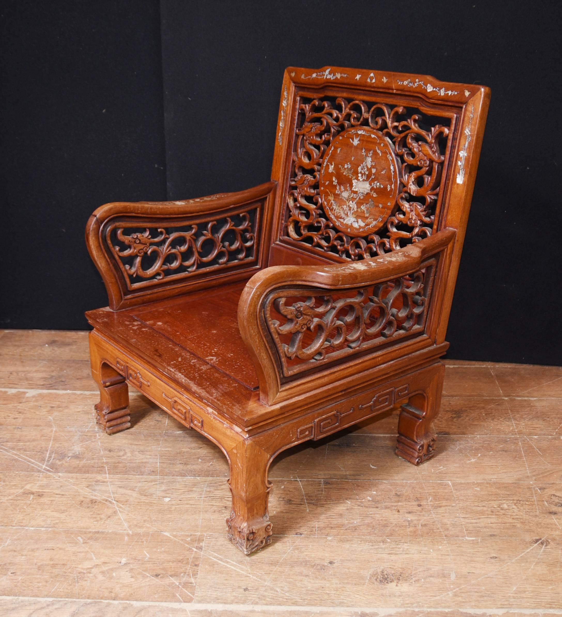 Asian Pair of Antique Chinese Hardwood Armchairs Mother-of-Pearl Inlay Chair For Sale