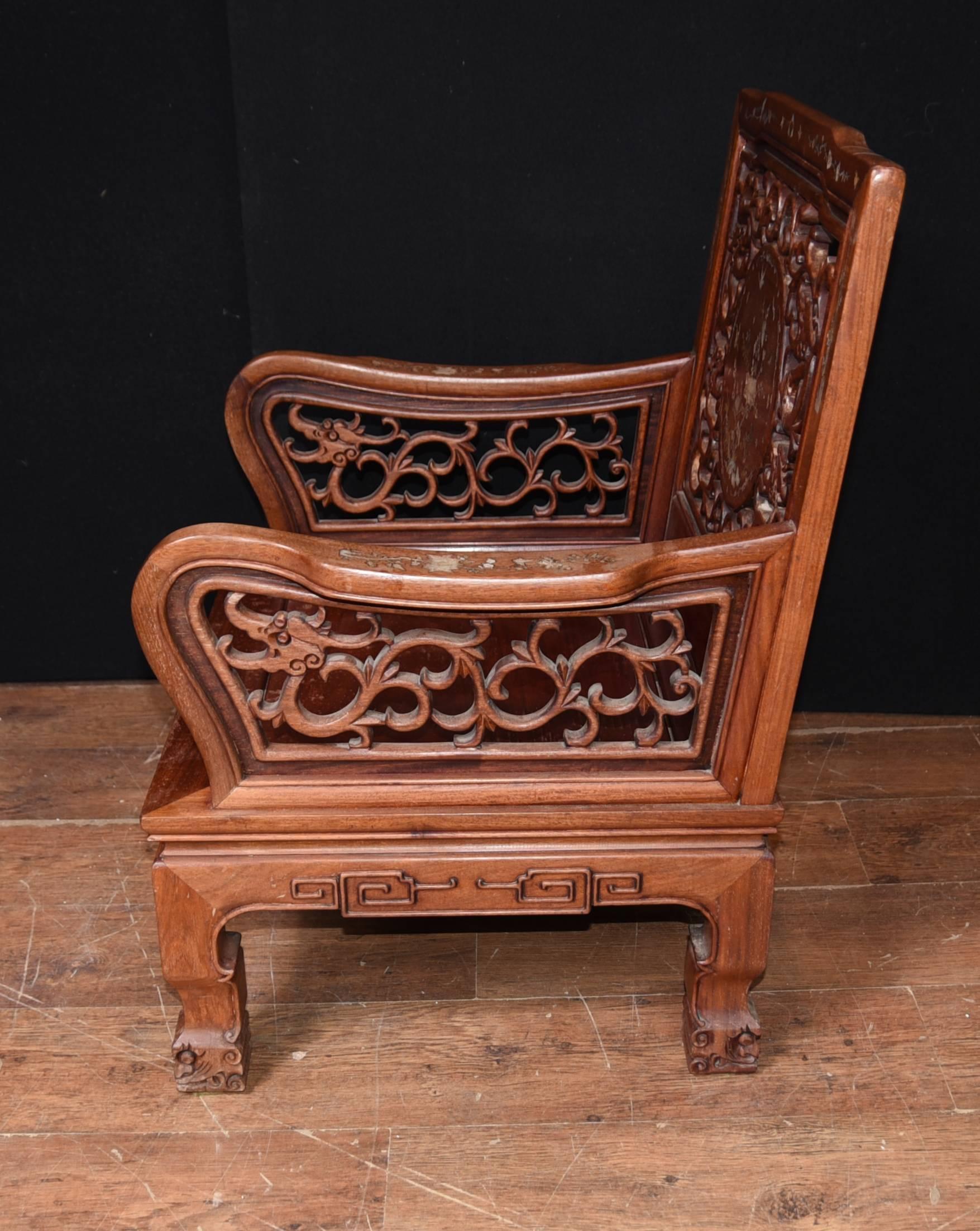 Mid-20th Century Pair of Antique Chinese Hardwood Armchairs Mother-of-Pearl Inlay Chair For Sale