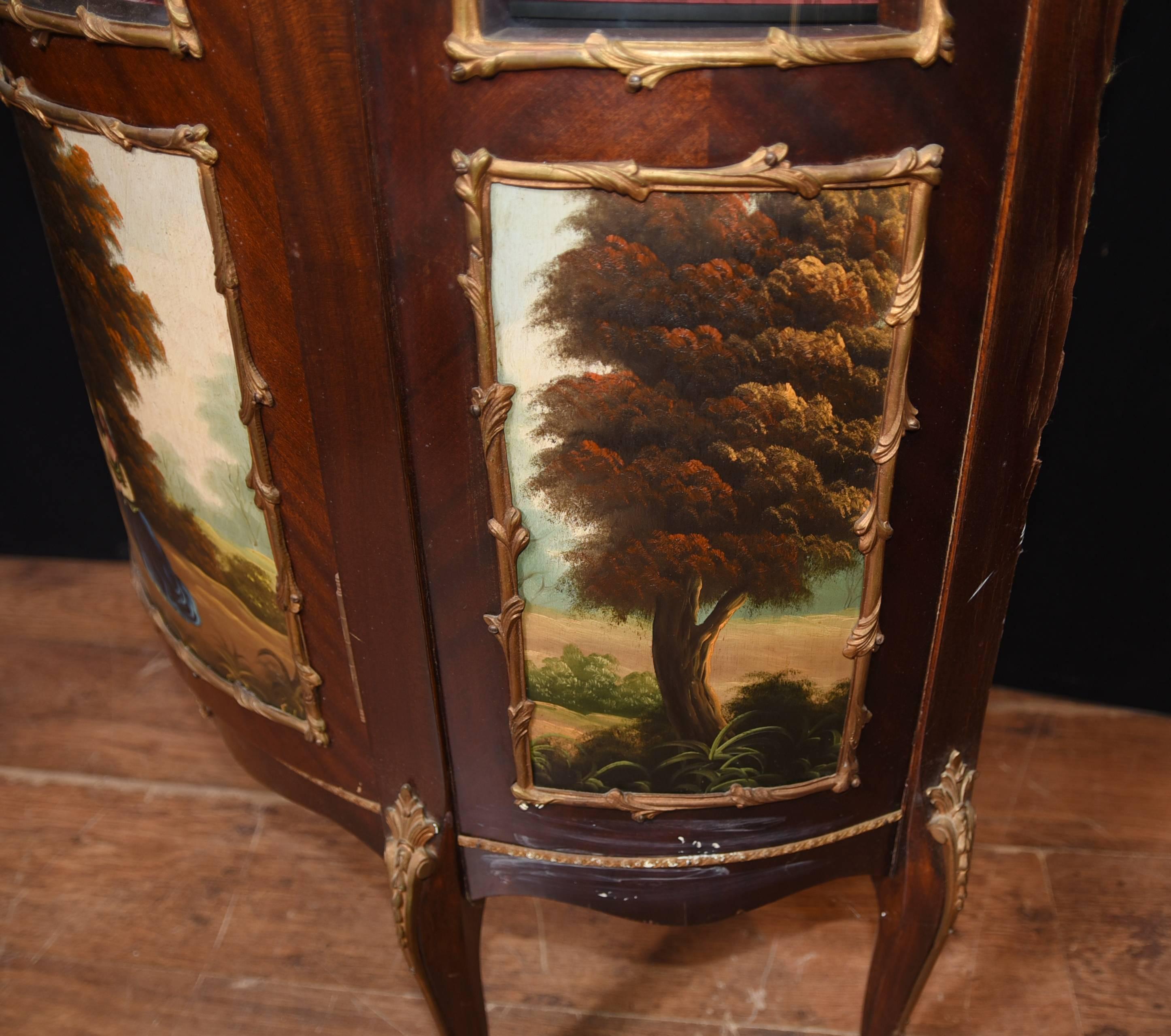 Mid-20th Century Antique French Kingwood Display Cabinet Bijouterie Painted Plaques For Sale