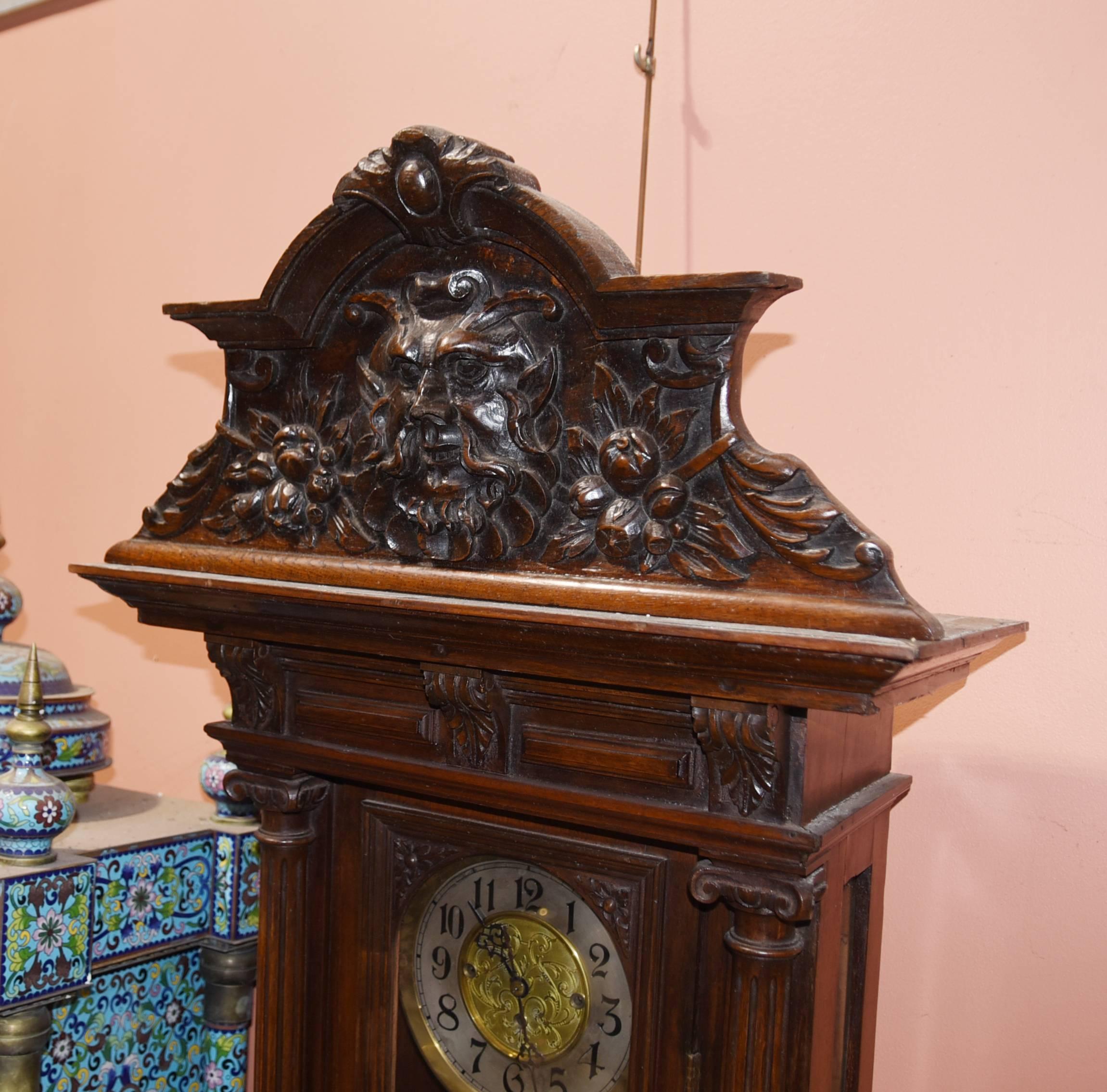 Gorgeous Vienna wall clock in mahogany with amazing hand-carved details.
Lovely regulator clock with hand chased weights and pendulum.
We date this amazing collectors piece to circa 1880.
Please let us know if you would like to view this piece in