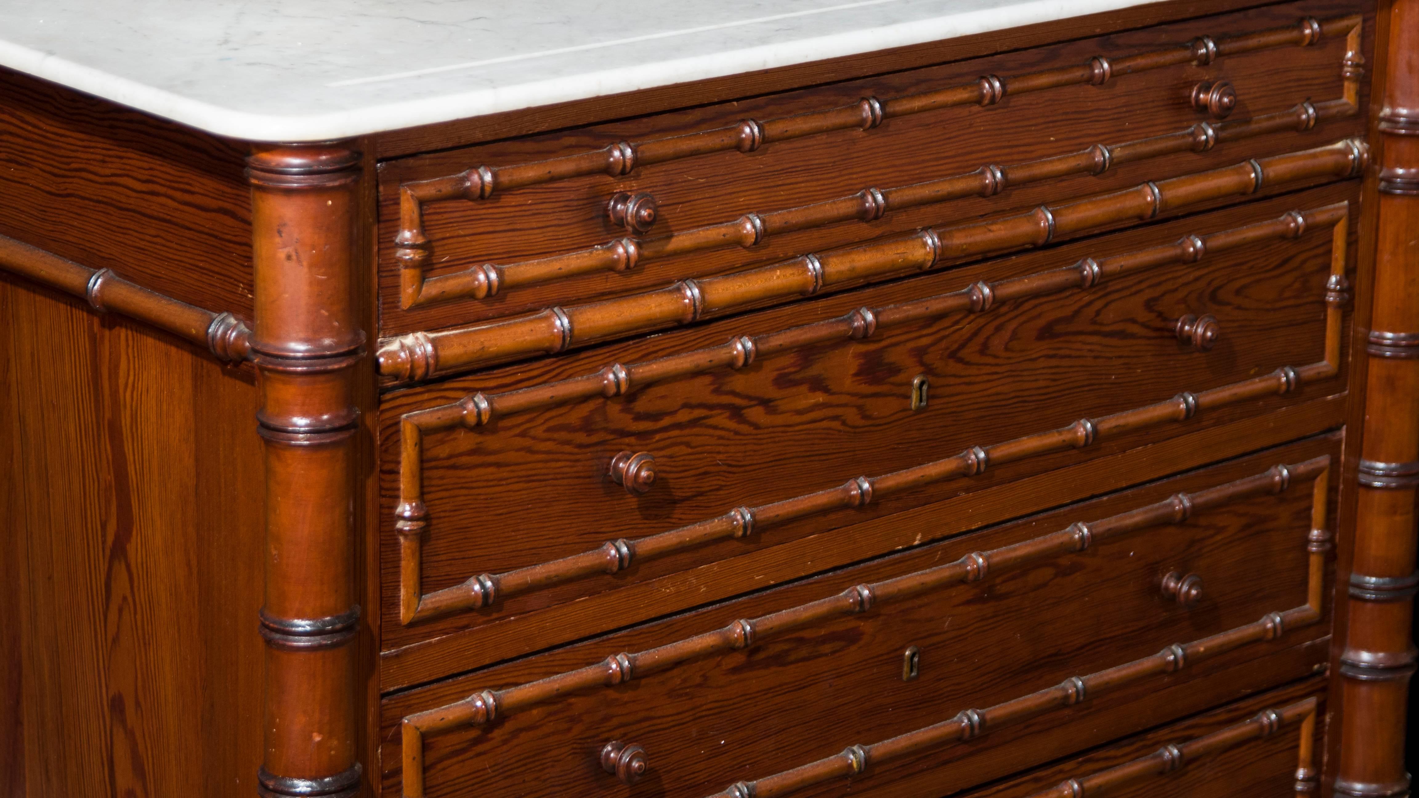 Antique French Regency Commode Chest Drawers Pine Faux Bamboo In Good Condition For Sale In Potters Bar, Herts