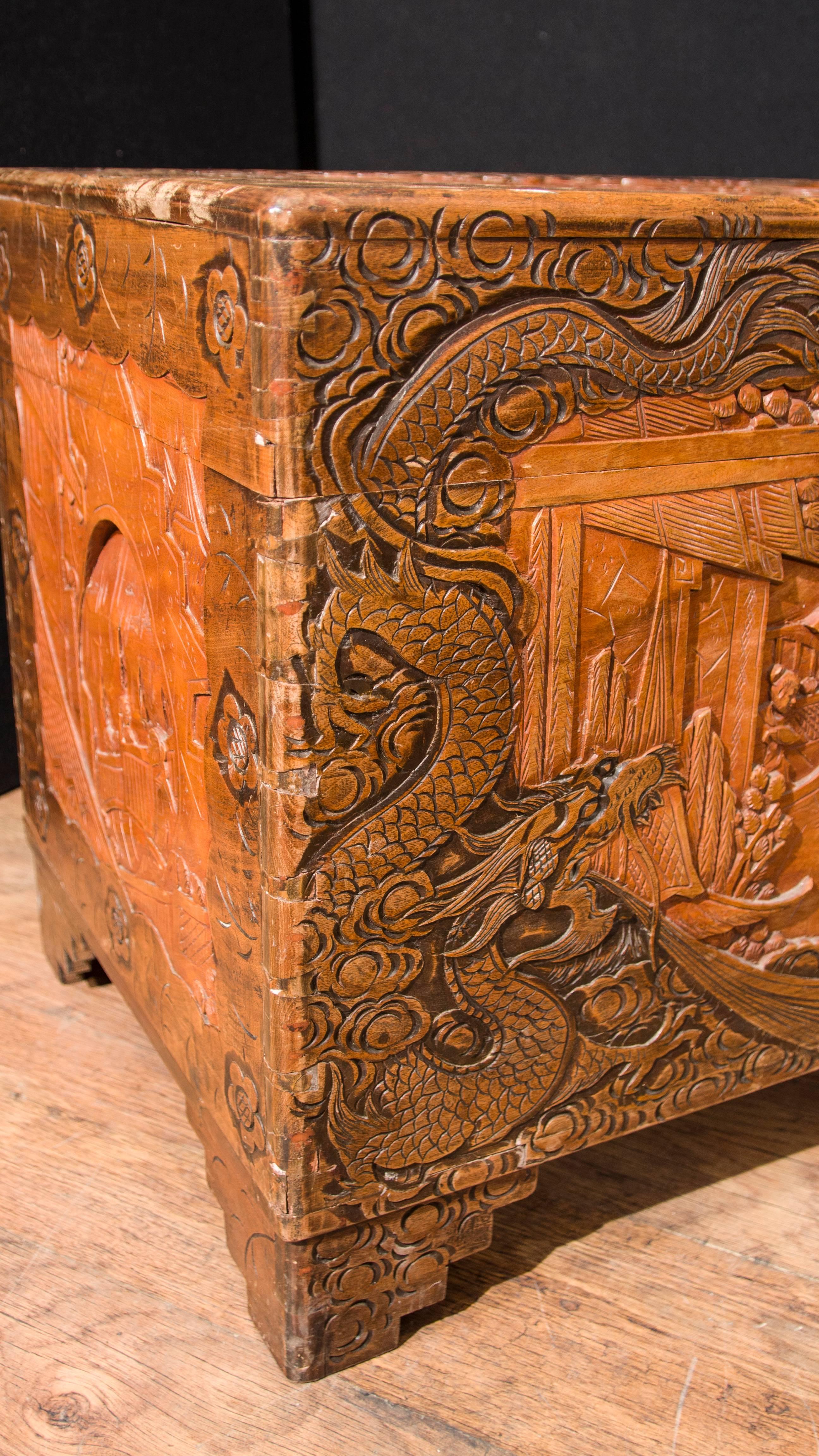 Antique Chinese Hand-Carved Camphor Chest Trunk For Sale 1