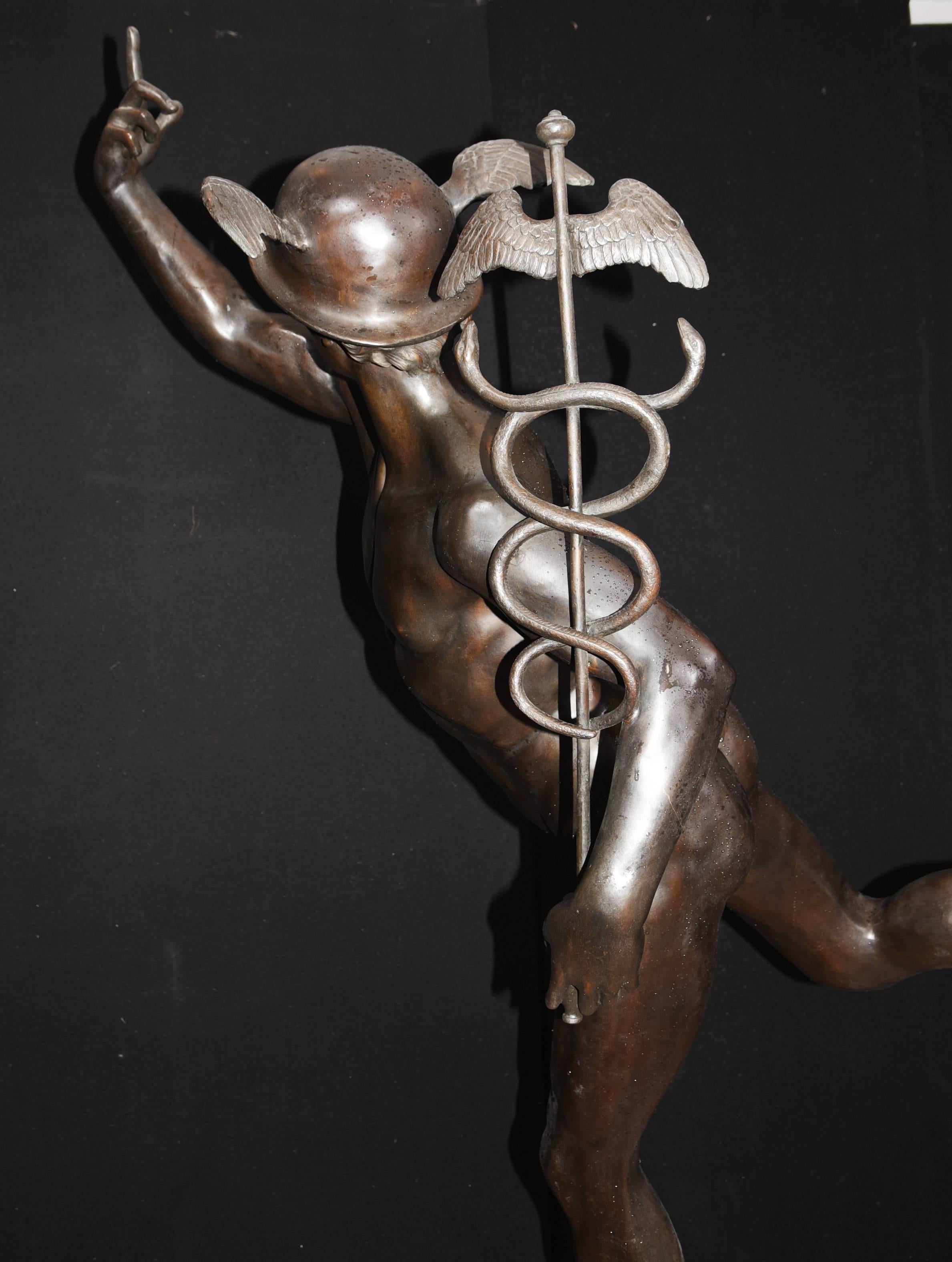 Late 20th Century Extra Large Italian Bronze Mercury Statue Casting Hermes Style of Giambologna For Sale