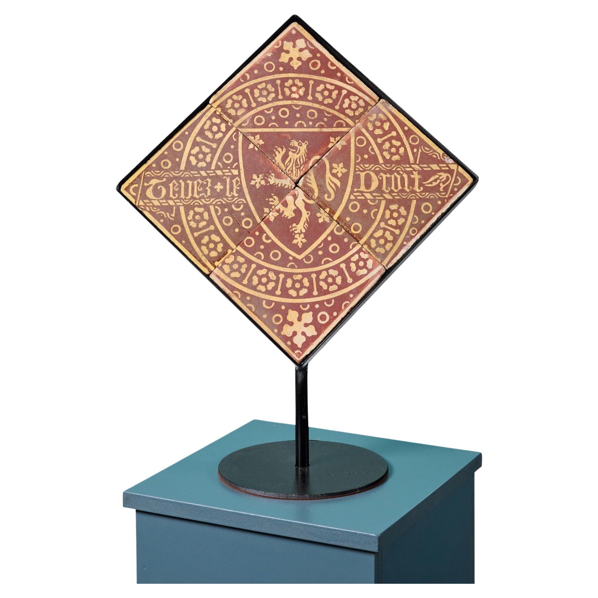 English ‘Tenez le le Droit’ Antique Heraldic Tiles on Stand