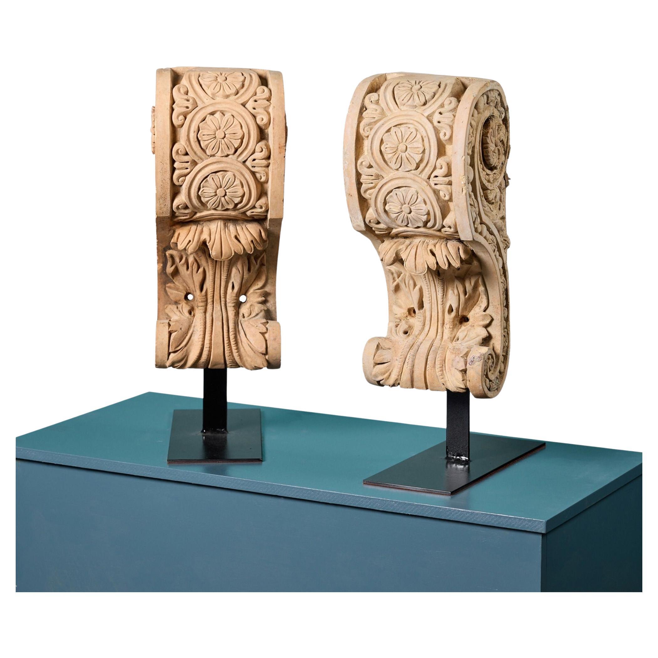 Set of 2 Ornate Terracotta Corbels Mounted on Stands For Sale