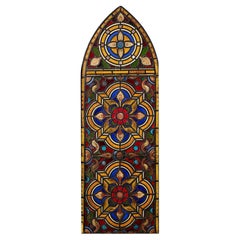 Antique Victorian Arched Stained Glass Window of Tudor Rose