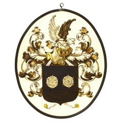 German Armorial Oval Stained Glass Window Hanging