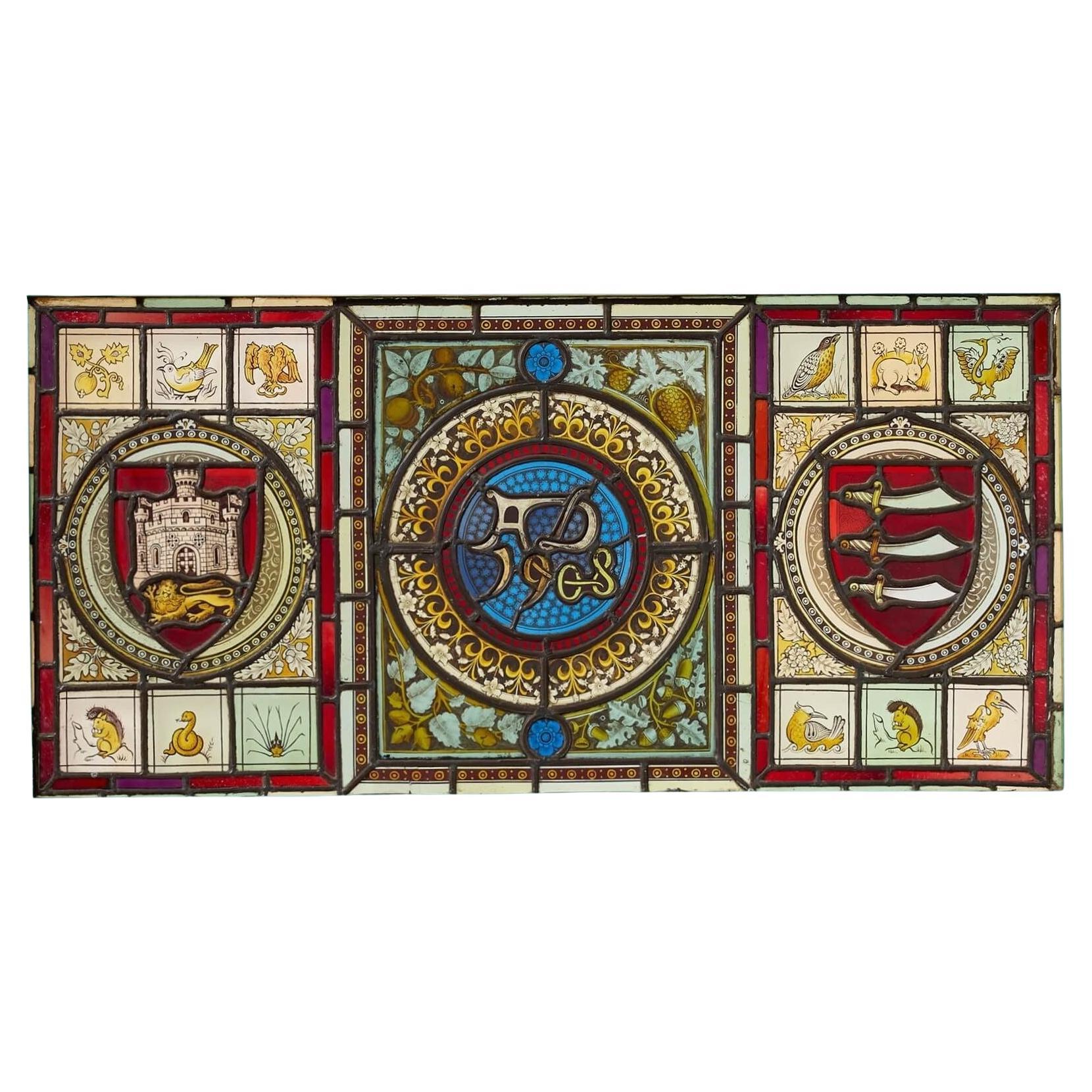 Antique Triptych Stained Glass Leadlight Panels