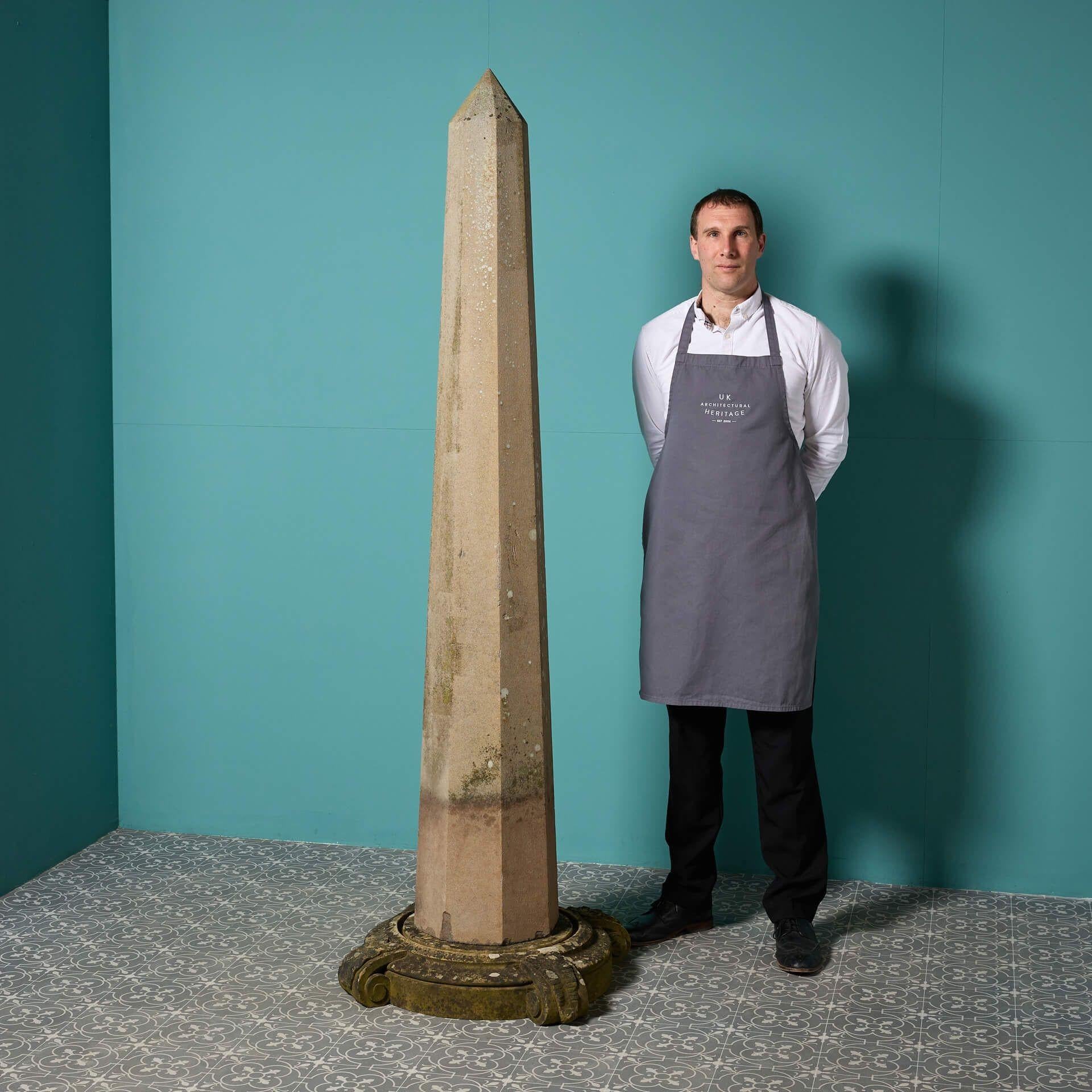 A large sandstone obelisk stood on a shaped base.
 
Dating to circa 1870, this monumental sculpture is an impressive decorative design piece with characterful weathering. 
 
With a timeless look in a Victorian style, this obelisk makes for a