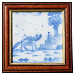 Antique Liverpool Delft Blue & White Fox Tile