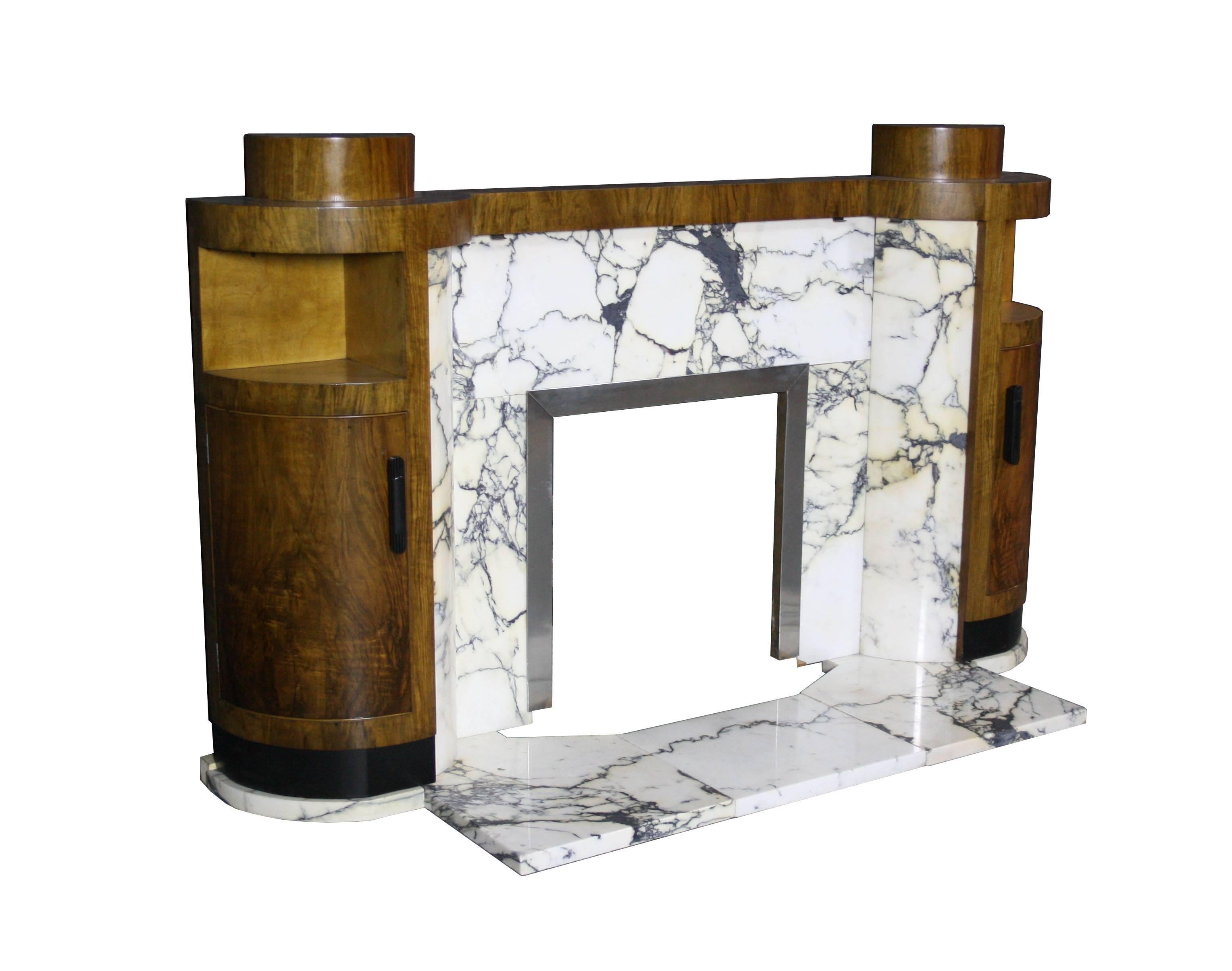 English Rare Art Deco Pavonazzo Marble and Walnut Fire Place