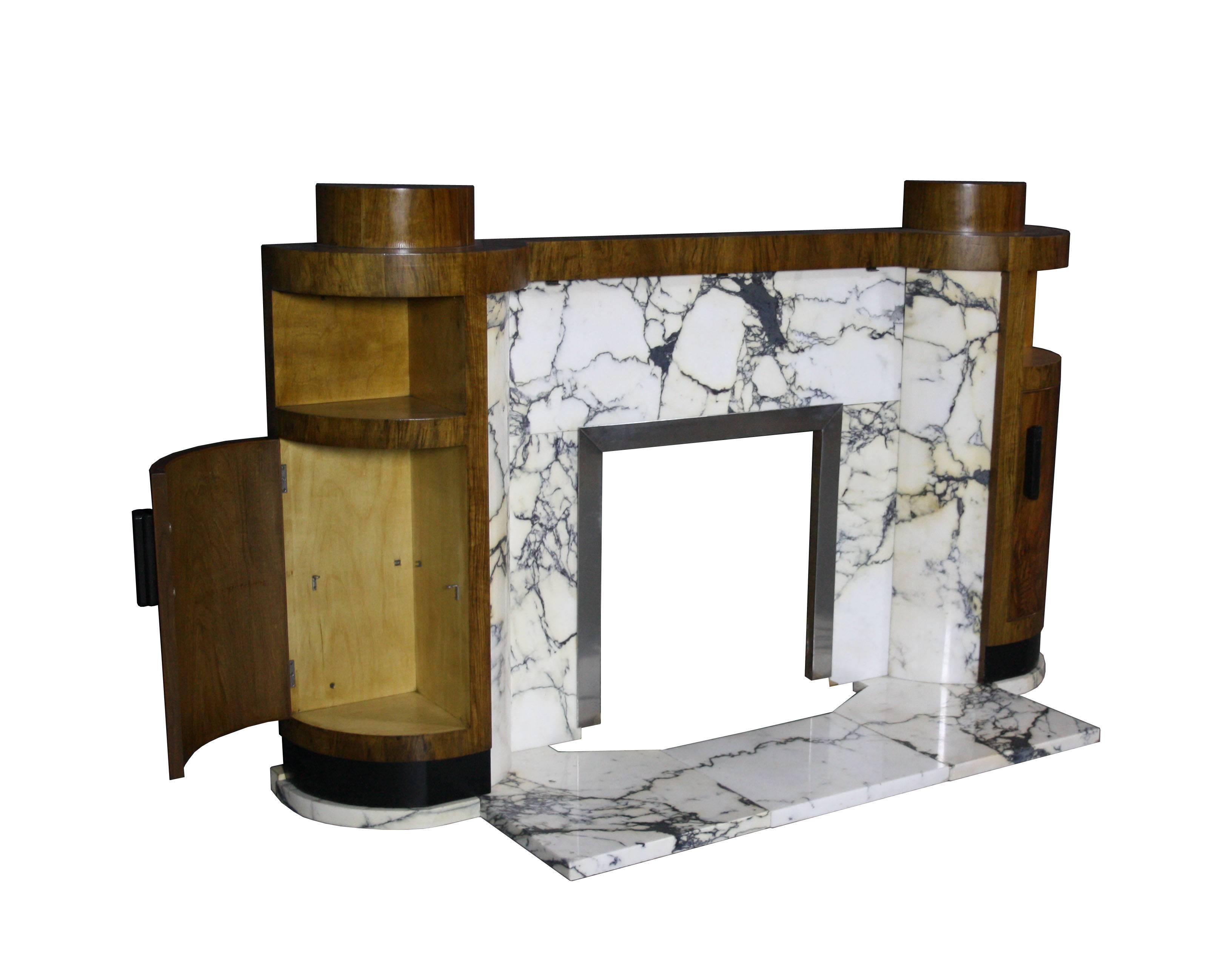 Hand-Crafted Rare Art Deco Pavonazzo Marble and Walnut Fire Place