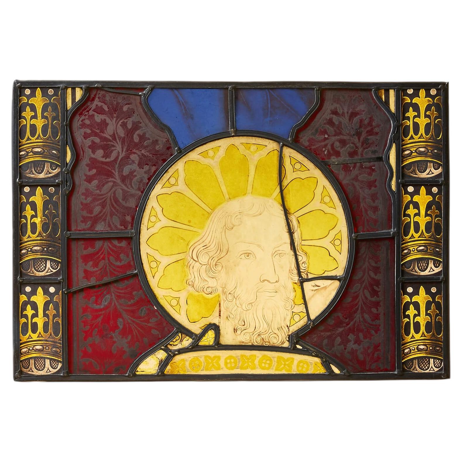 Antique Stained Glass Panel Depicting a Saint For Sale