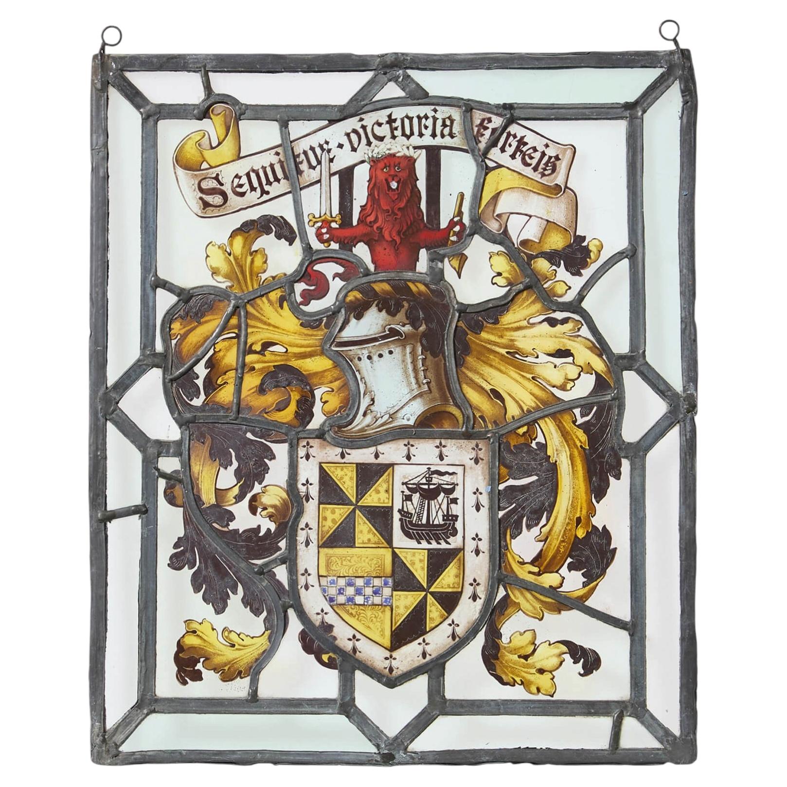 19th Century Heraldic Stained Glass Window ‘Sequitur Victoria Fortis’ For Sale
