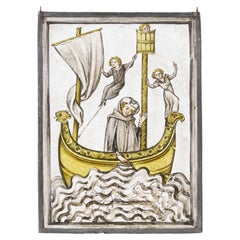 Small Antique Medieval Style Leaded Glass Window Depicting a Boat at Sea