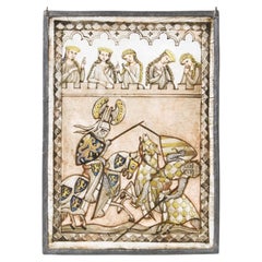 Small Antique Medieval Style Leaded Glass Window Depicting a Jousting Scene