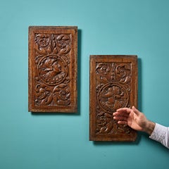 Pair of Antique Handcarved Oak Romayne-Type Wall Hanging Panels