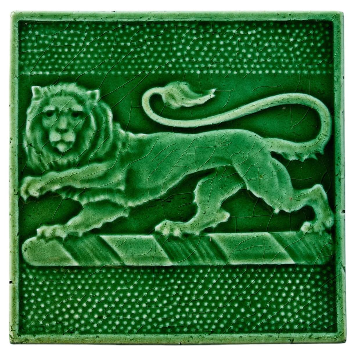 Antique English Green Glazed Lion Tile Attr. Maw & Co For Sale
