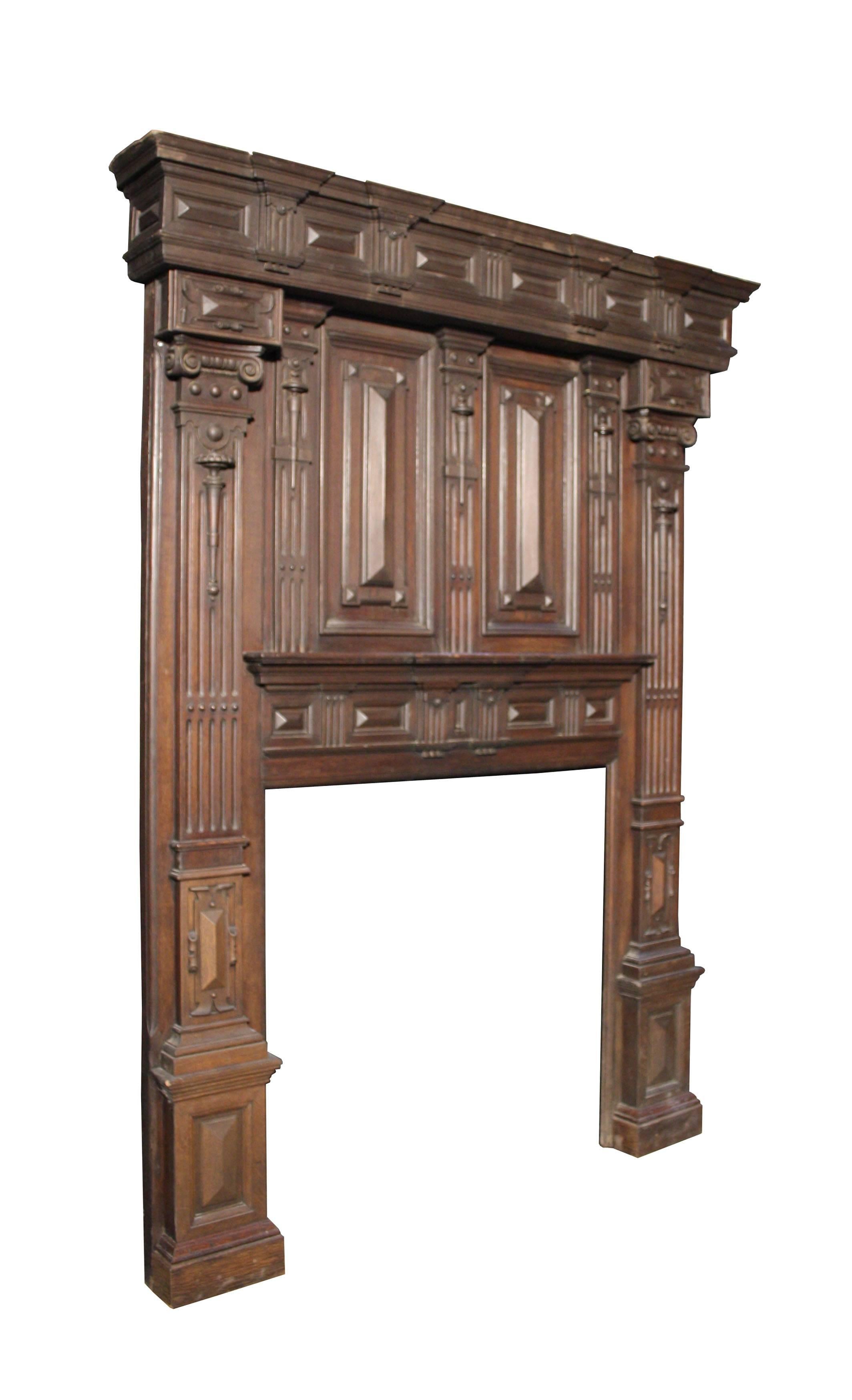 Impressive large-scale Victorian carved oak fire surround. Opening H 119 x W 118 cm.