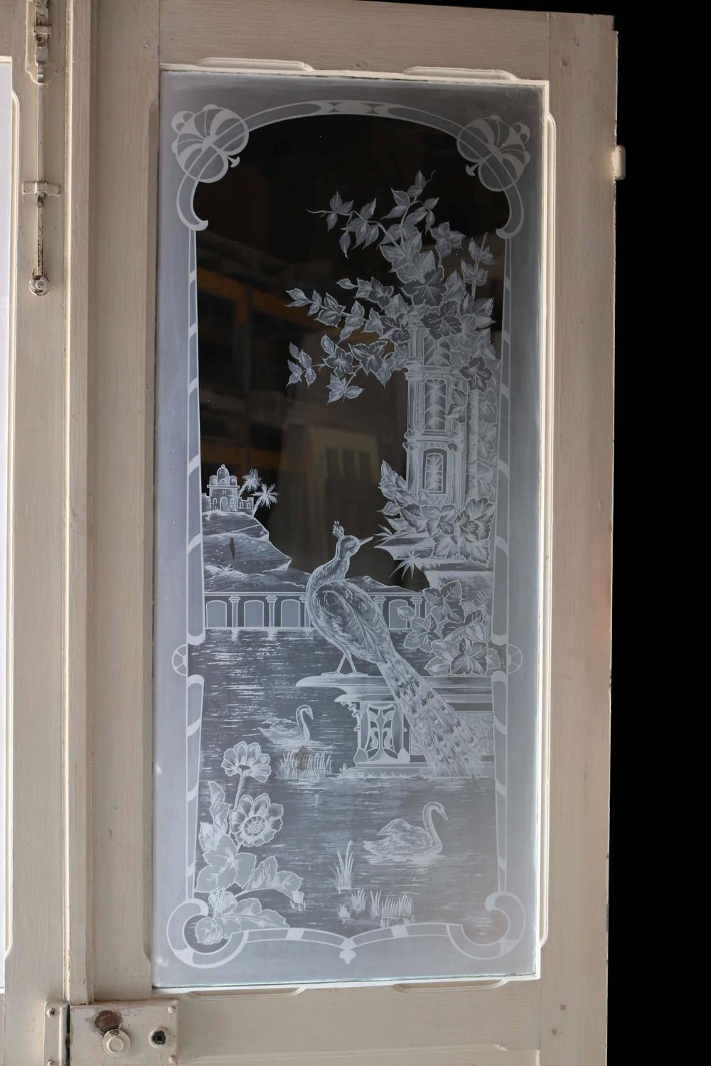 Pair of Antique French Etched Glass Doors For Sale at 1stdibs