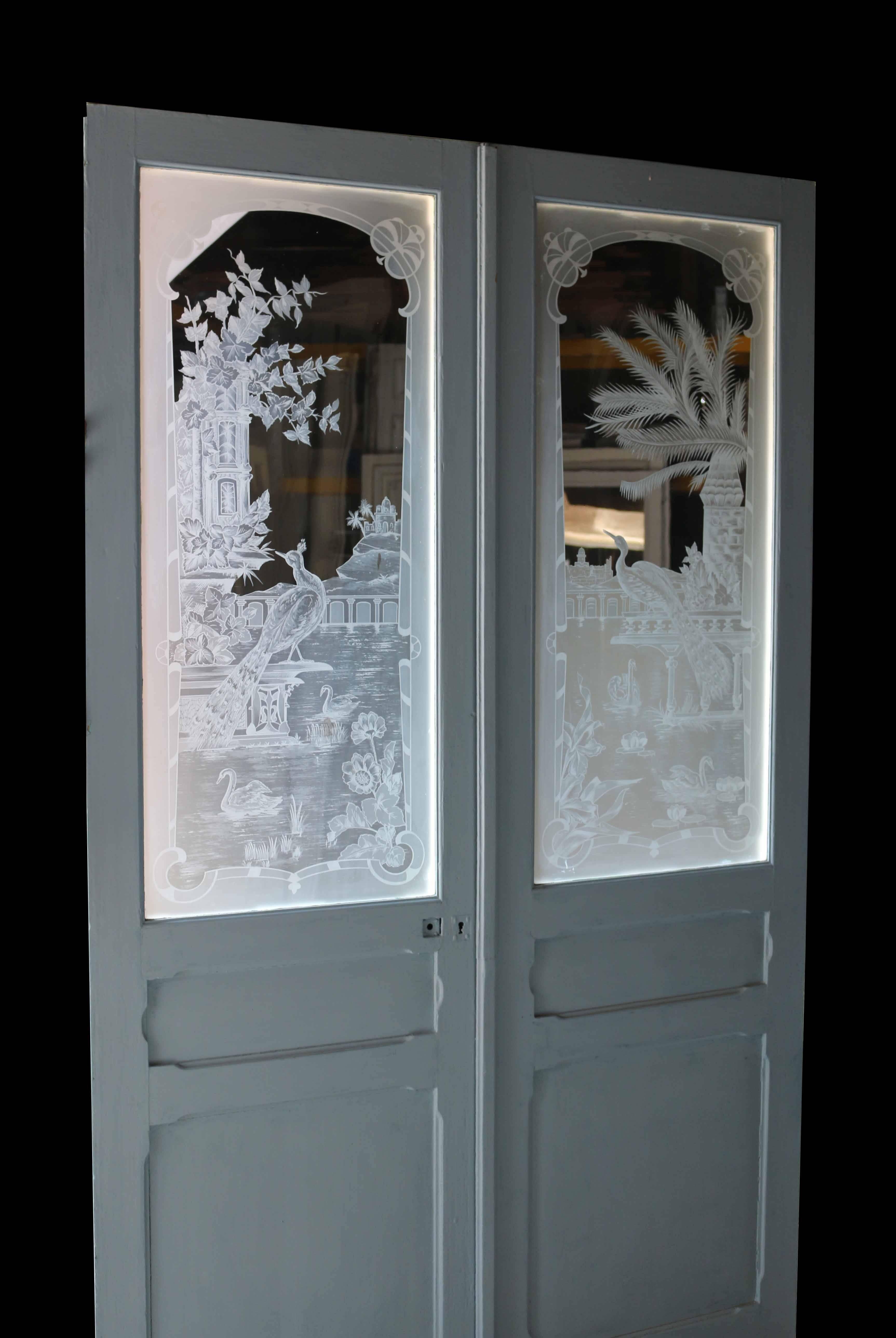 Late Victorian Pair of Antique French Etched Glass Doors