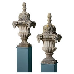 Pair of Reclaimed Composition Stone Lidded Urn Finials
