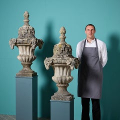 Pair of Reclaimed Composition Stone Lidded Urn Finials