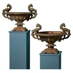 Pair of Antique French Cast Iron Garden Urns with Griffin Handles