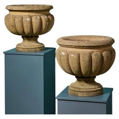 Pair of Large Reclaimed Handcarved Limestone Garden Urns