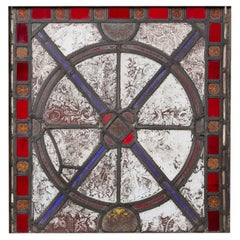 English Medieval Style Stained Glass Panel With Geometric Designs