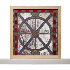 English Medieval Style Stained Glass Panel With Geometric Designs