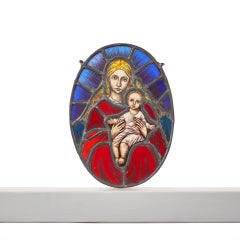 Vitrail rond ancien représentant la Vierge à l'Enfant