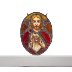 Antique Jesus With Sacred Heart Stained Glass Roundel