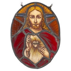 Antique Jesus With Sacred Heart Stained Glass Roundel