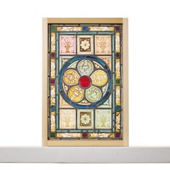 Antique Arts & Crafts Stained Glass Window With Floral Themes