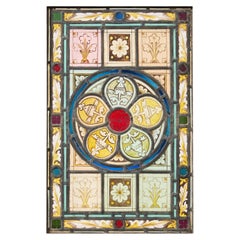 Antique Arts & Crafts Stained Glass Window With Floral Themes