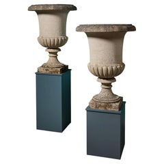 Pair of Large Weathered Composition Stone Campana Urns