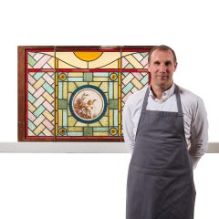 Reclaimed Stained Glass Window with Robin & Flowers