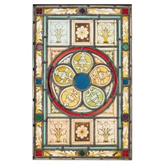 Antique Arts & Crafts Stained Glass Window With Floral Themes
