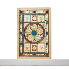Antique Arts & Crafts Stained Glass Window With Floral Themes