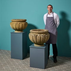 Two Large Reclaimed Handcarved Limestone Garden Planters