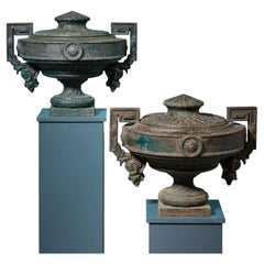 Pair of 19th Century Neoclassical French Lidded Cast Iron Urns