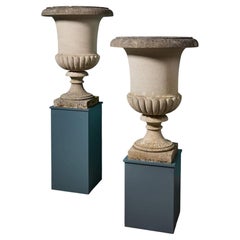 Pair of Large Neoclassical Style Composition Stone Campana Urns
