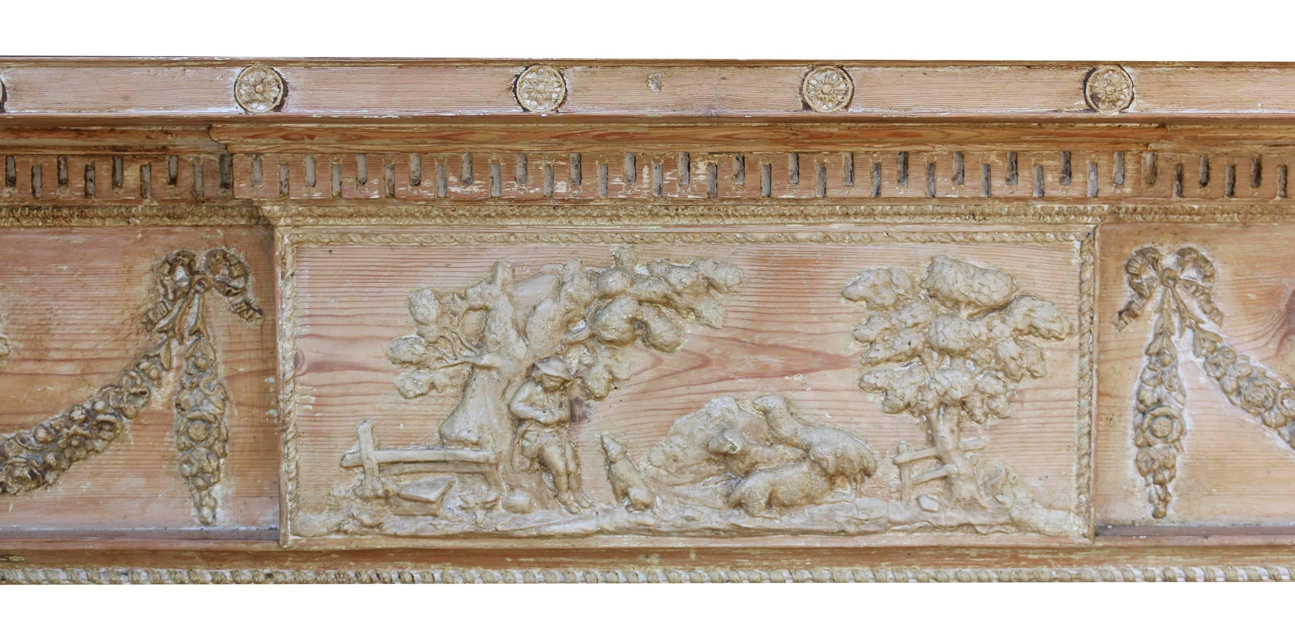This fire surround has composition detail. It has previously been waxed and could be painted.
Measures: Opening height 101cm
Opening width 115cm
Width between legs 168cm.