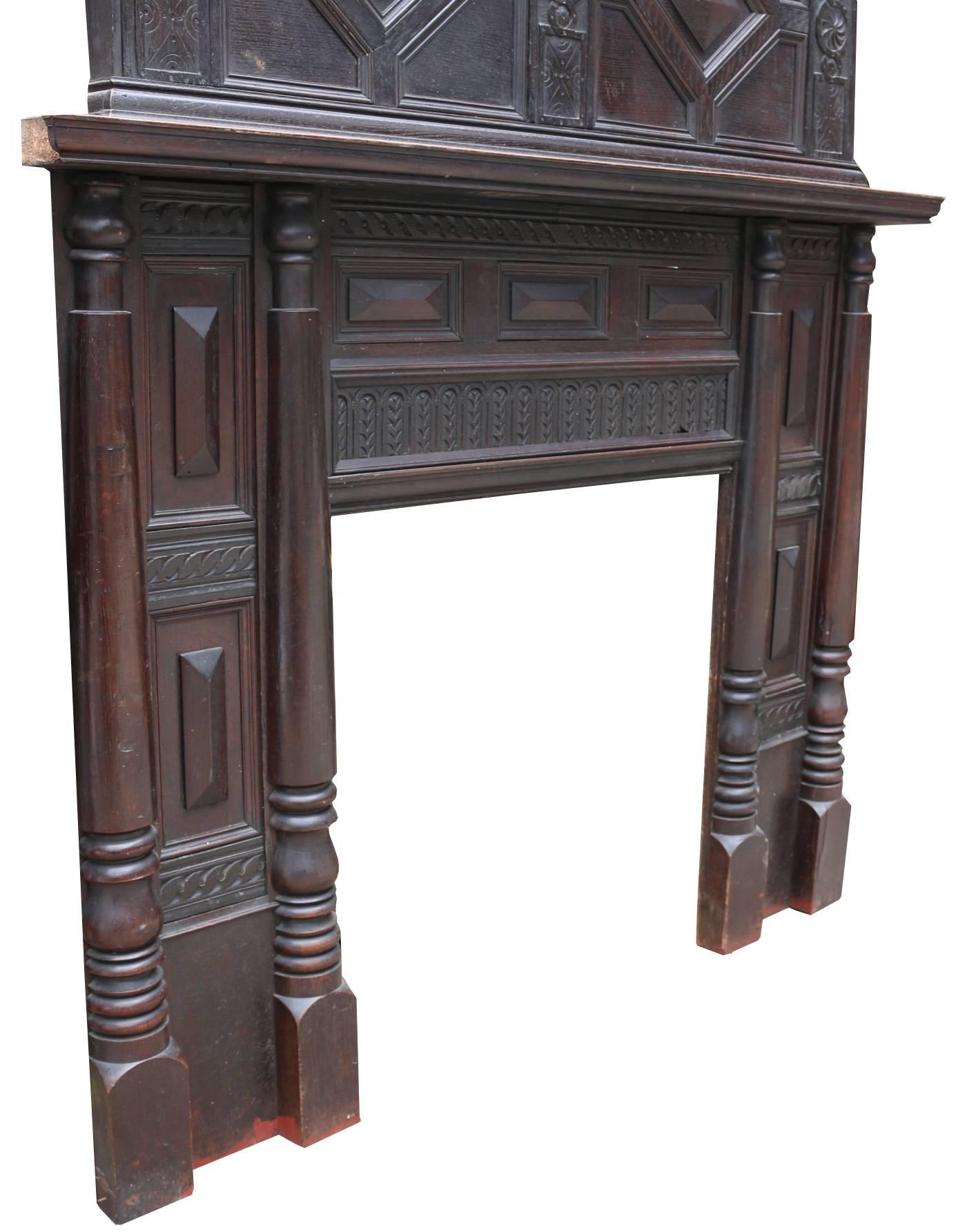 There are older carvings incorporated in the newer carvings.
Mantel: Height 121cm
Width 129cm
Opening height 79cm
Opening width 75cm.