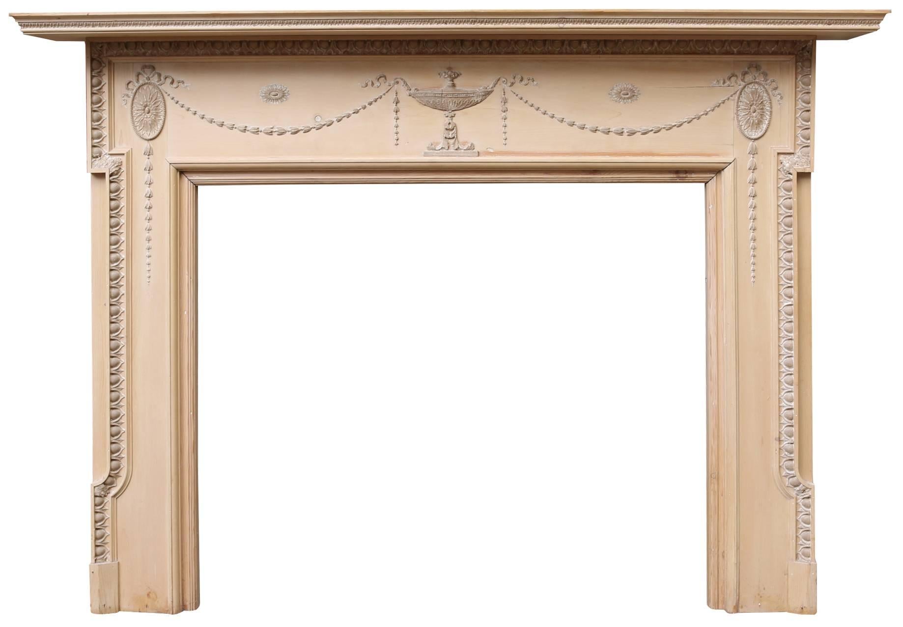 This fire surround has been stripped.
The over mantel has a small loss in the bottom right corner by the mirror.
Mantel: Height 76cm
Width:162cm

Opening height 91cm
Opening width 106cm
Width between legs 149.5cm

The measurements listed