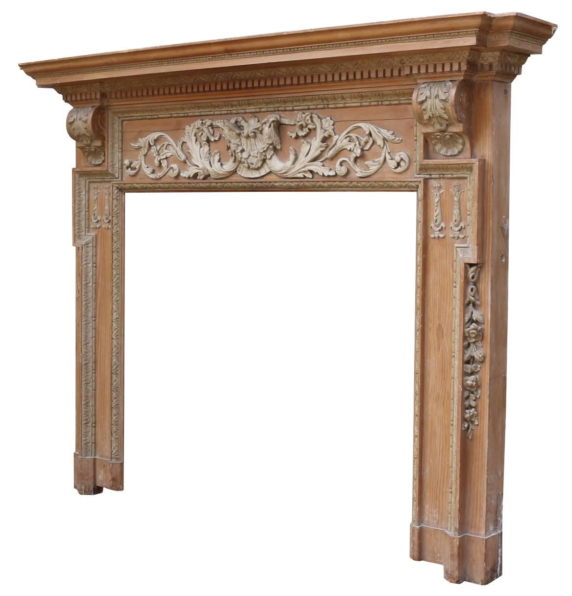 This fire surround has been stripped of paint and varnish/wax finish.

Opening height 98.5cm
Opening width 112cm
Width between legs 158.5cm.