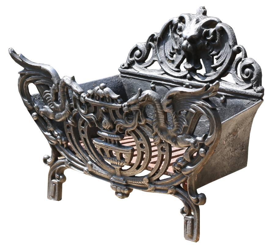 This grate is ornately decorated with dragons.
Measures: Height (front) 27 cm
The height listed is for the back of the fire grate.
Weight 10kg.