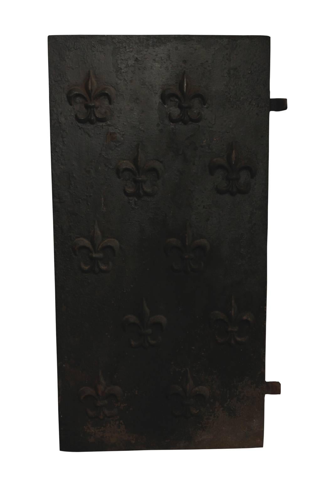 Cast Iron Fleur De Lis Fireplace Liner, 19th Century In Distressed Condition For Sale In New York, NY
